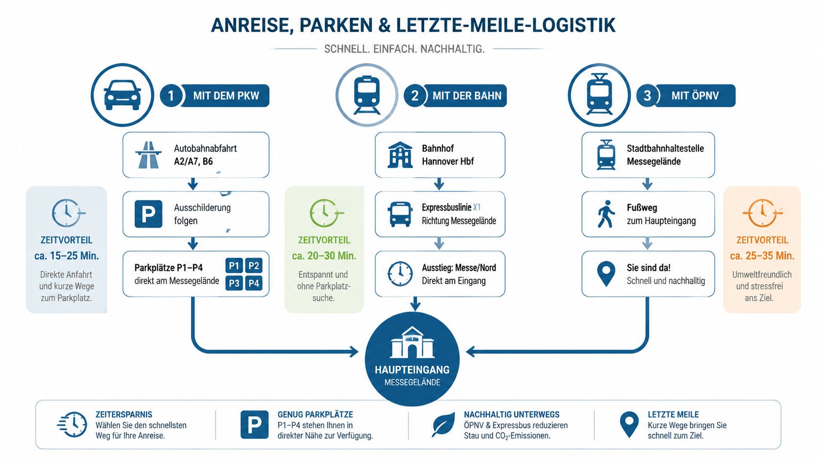 Übersichtsgrafik zur Anreise, zum Parken und zur Logistik für Besucher des Messegeländes in Hannover.