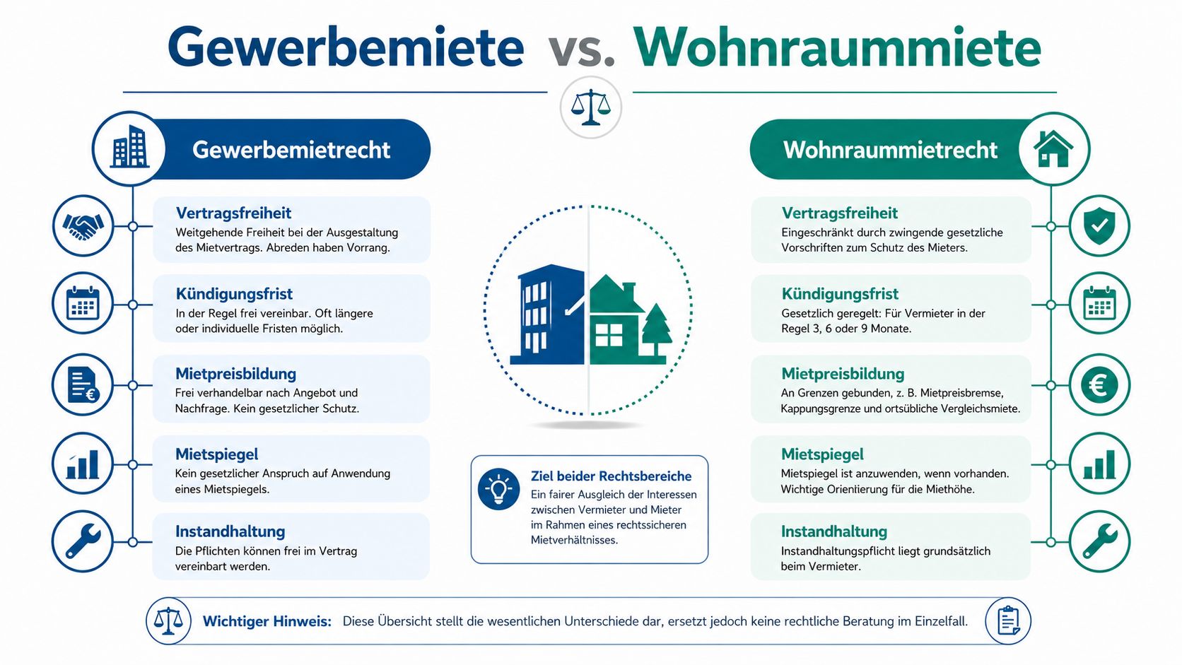 Vergleichsgrafik zwischen Gewerbemiete und Wohnraummiete mit Erläuterungen zu Vertragsfreiheit, Kündigungsfristen, Mietpreisen und Instandhaltungspflichten.