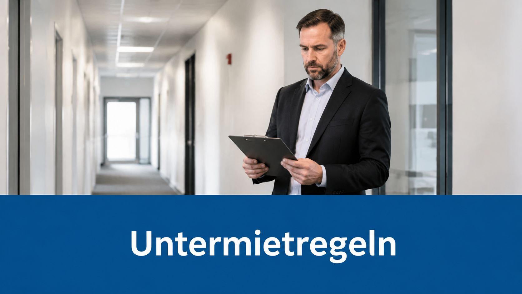 Ein Geschäftsmann im Anzug prüft in einem hellen Flur Unterlagen für die Untermietregeln in einem Büro.