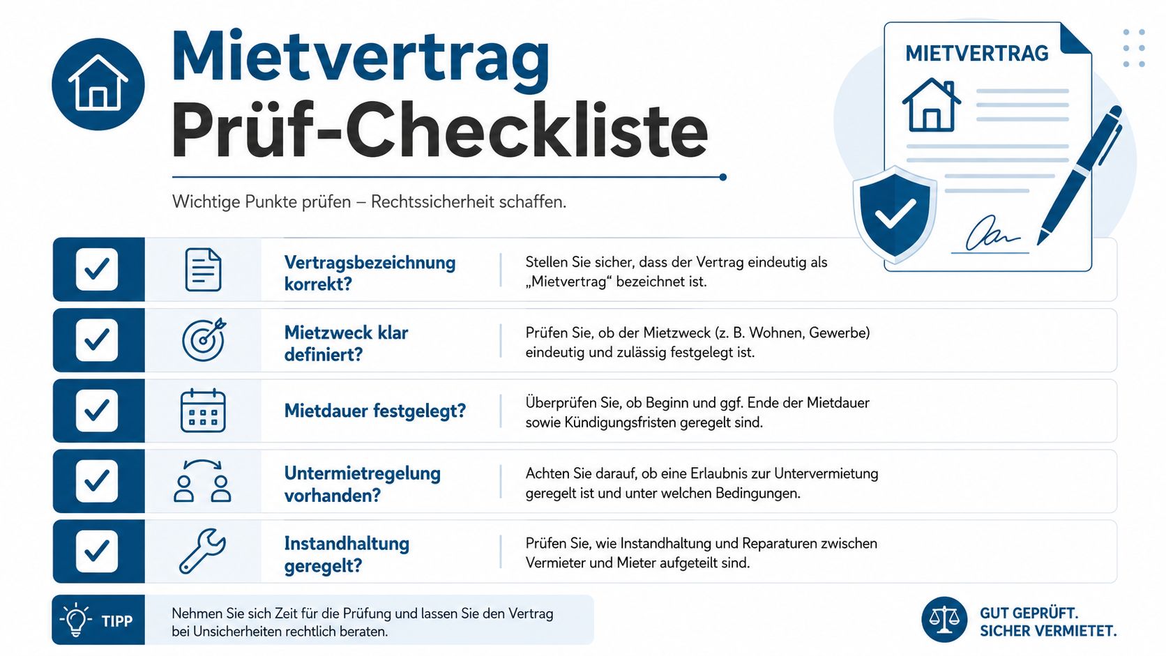 Eine informative Prüf-Checkliste für Mietverträge mit fünf wichtigen Punkten für Vermieter und Mieter zur rechtlichen Absicherung.