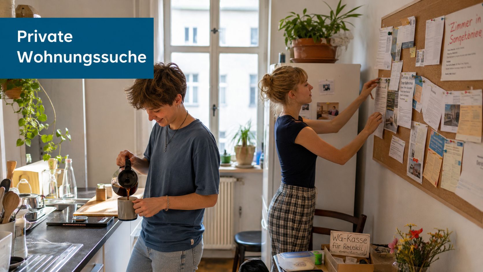 Zwei junge Frauen bereiten in einer Küche Kaffee zu und hängen Zettel an ein schwarzes Brett.