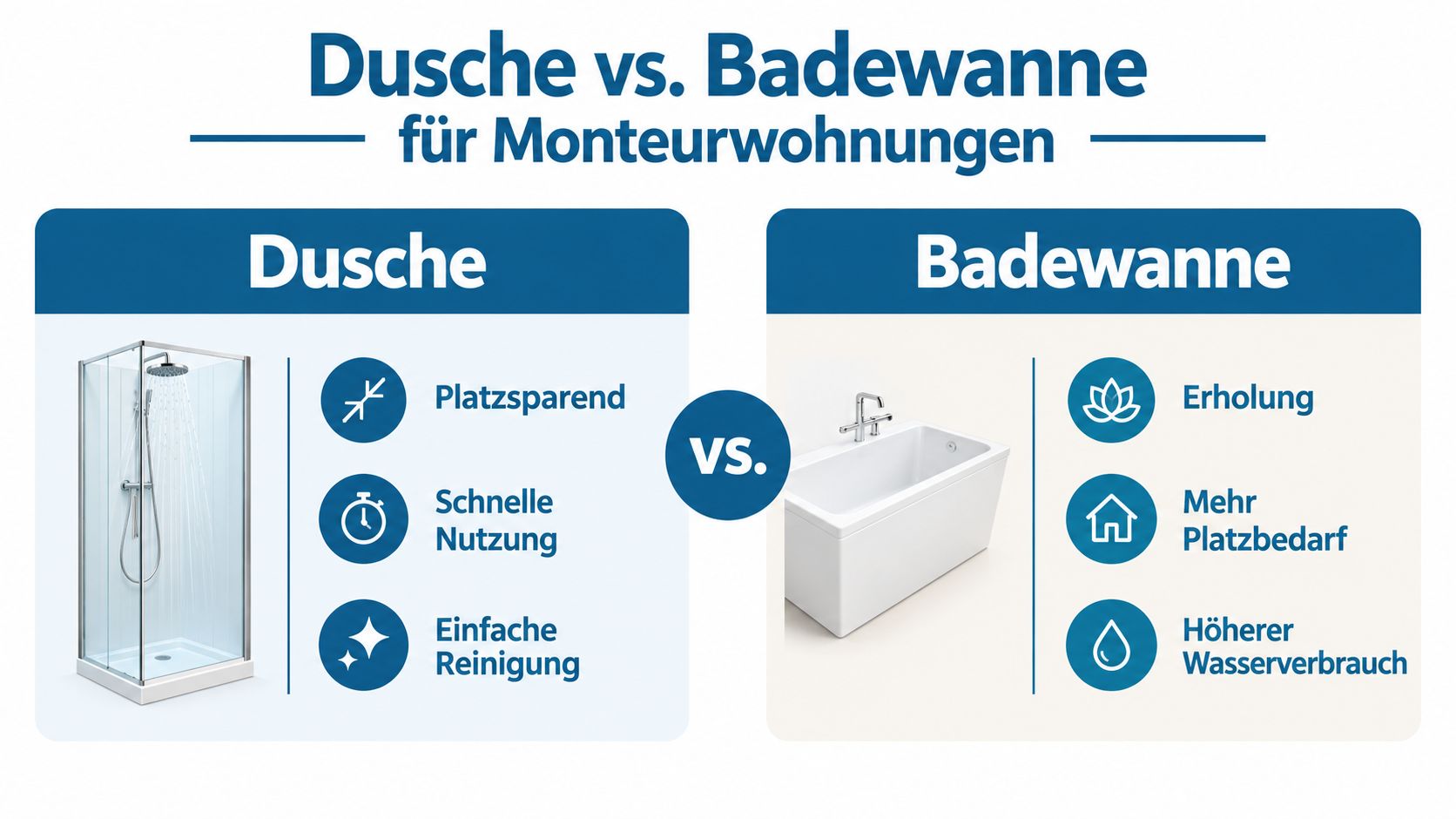 Vergleichsgrafik zwischen Dusche und Badewanne für die Ausstattung von Monteurwohnungen mit Vor- und Nachteilen.