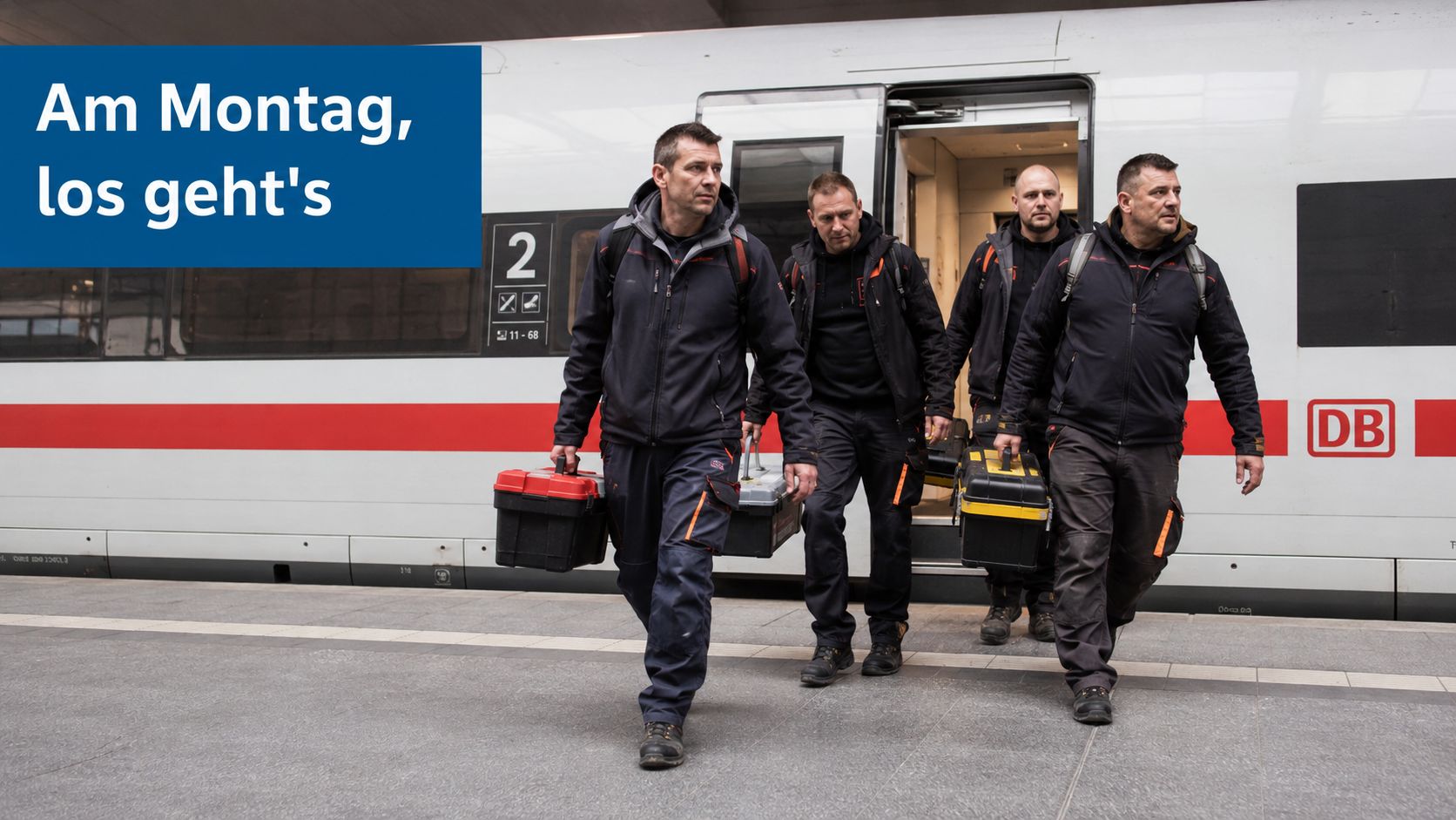 Vier Handwerker mit Werkzeugkoffern steigen aus einem ICE-Zug am Bahnhof aus, um zur Arbeit zu gehen.