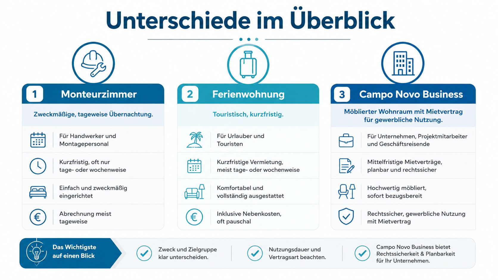 Vergleichsgrafik zwischen Monteurzimmer, Ferienwohnung und dem Campo Novo Business Angebot für Unternehmen und Geschäftsreisende.