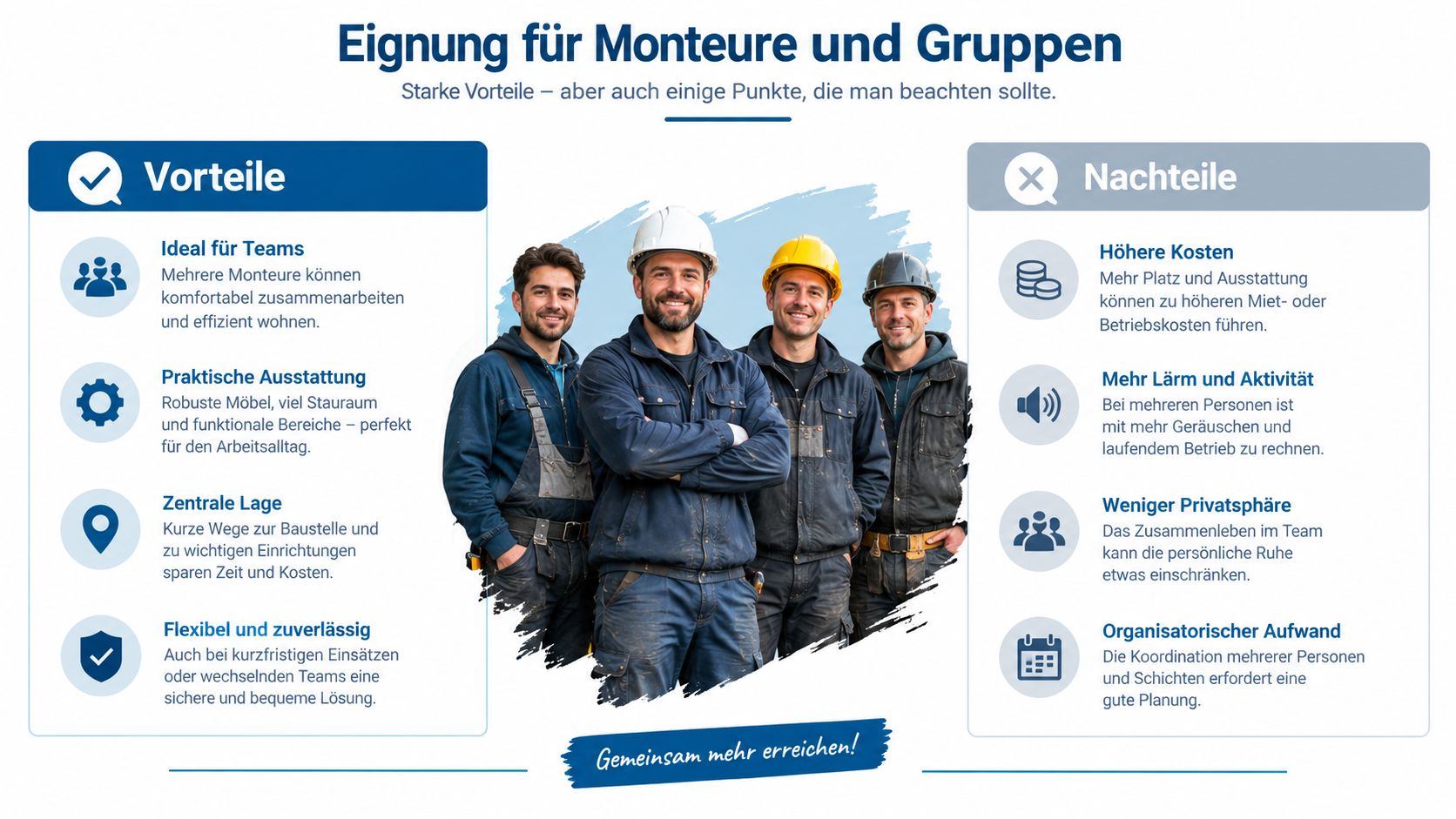 Eine Infografik über die Vor- und Nachteile von Unterkünften für Monteure und Teams bei der Arbeit.