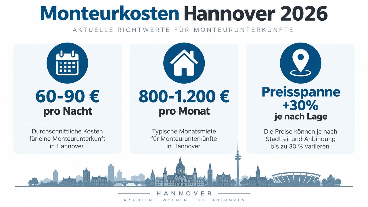 Übersicht der Richtwerte für Monteurunterkünfte in Hannover für das Jahr 2026, inklusive täglicher und monatlicher Kosten.
