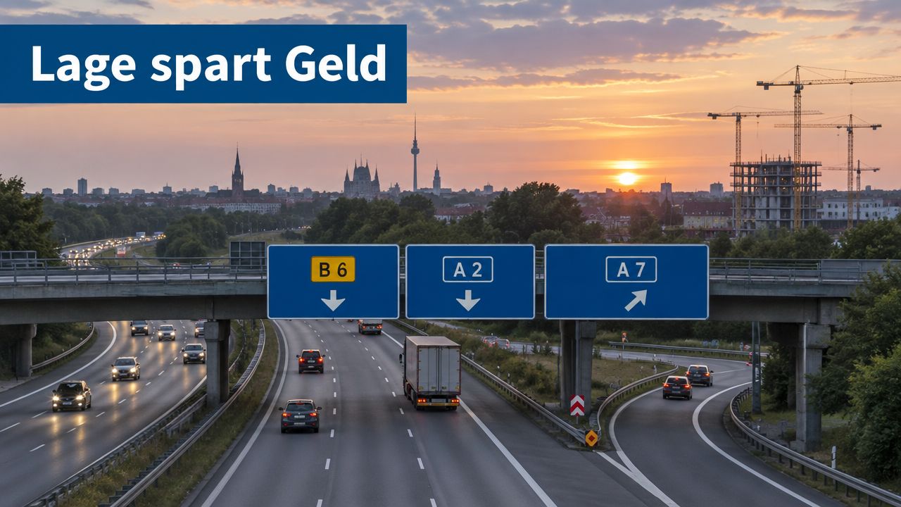 Ein Autobahnkreuz bei Sonnenuntergang mit Blick auf die Skyline von Hannover und den Fernsehturm.