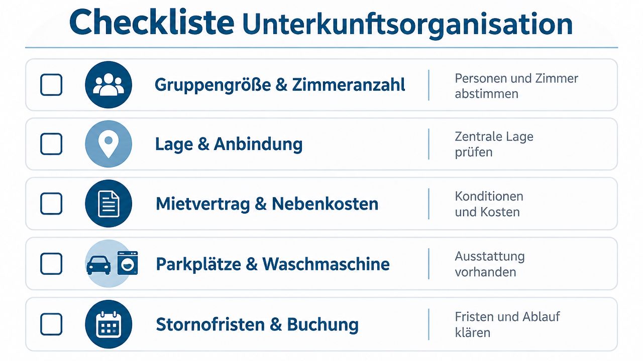 Eine Checkliste zur Unterkunftsorganisation mit fünf wichtigen Punkten für die Planung von Geschäftsreisen oder Unterkünften.