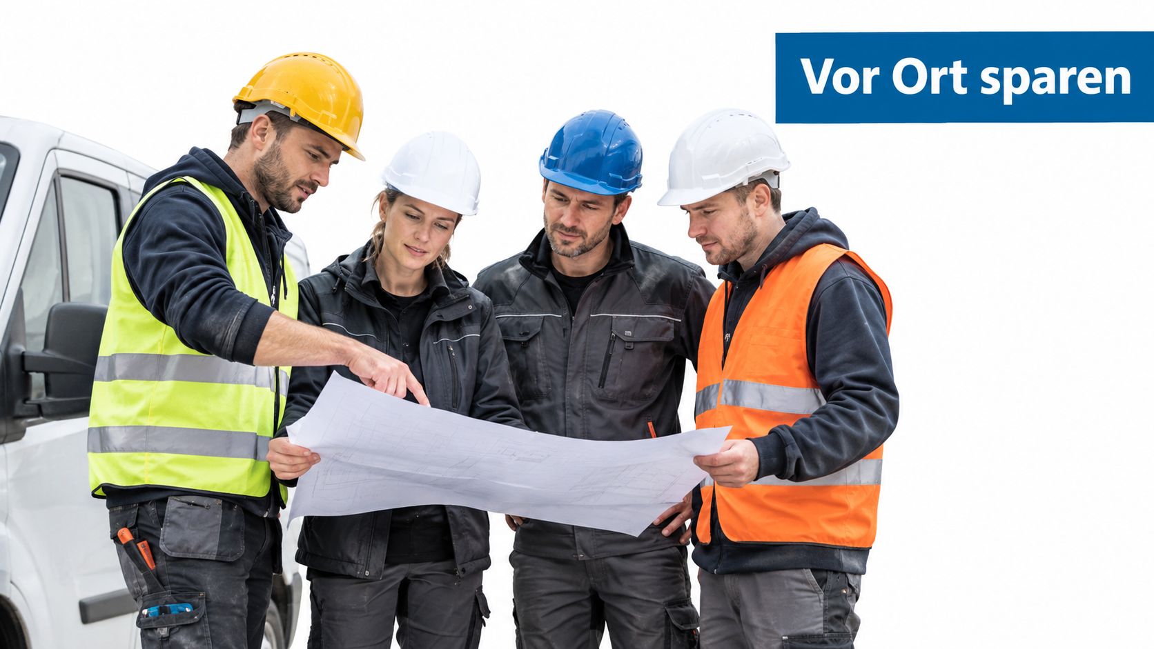 Ein Bauteam aus vier Personen betrachtet gemeinsam einen Bauplan während eines Arbeitseinsatzes vor einem Firmenwagen.
