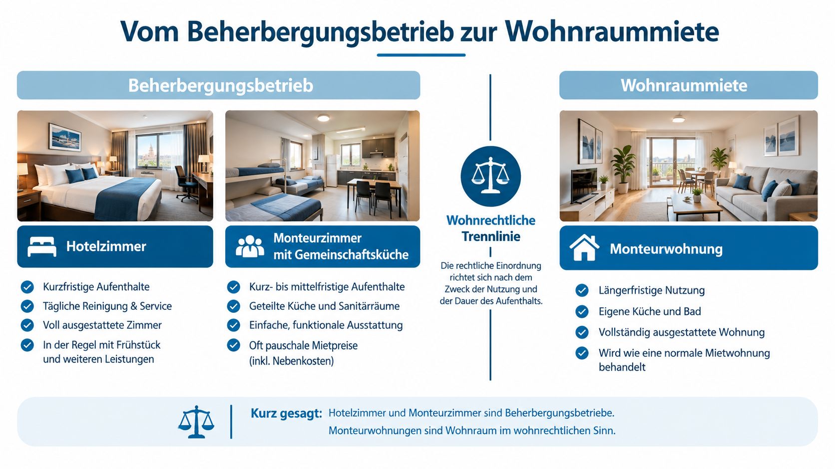 Vergleich zwischen Beherbergungsbetrieben wie Hotelzimmern und Monteurzimmern sowie der langfristigen Vermietung von Monteurwohnungen für Wohnzwecke.