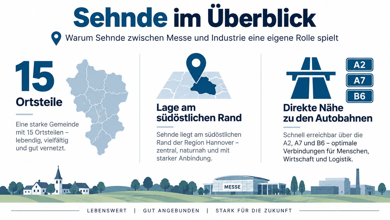 Informative Infografik über die Gemeinde Sehnde mit ihren 15 Ortsteilen, der geografischen Lage und den Autobahnanbindungen.