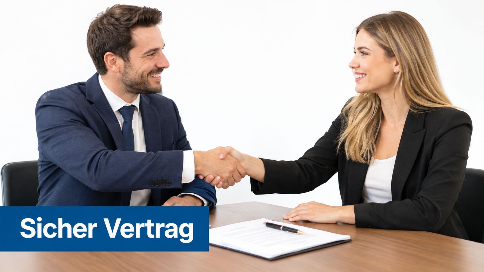 Ein Mann und eine Frau im Geschäftsanzug schließen lächelnd einen Vertrag durch einen Handschlag ab.