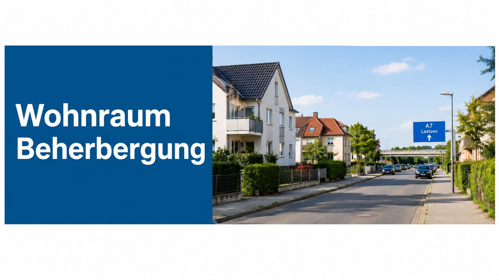 Ein blaues Schild mit der Aufschrift Wohnraum Beherbergung neben einer Straße mit Wohnhäusern und einem Autobahnschild nach Laatzen.
