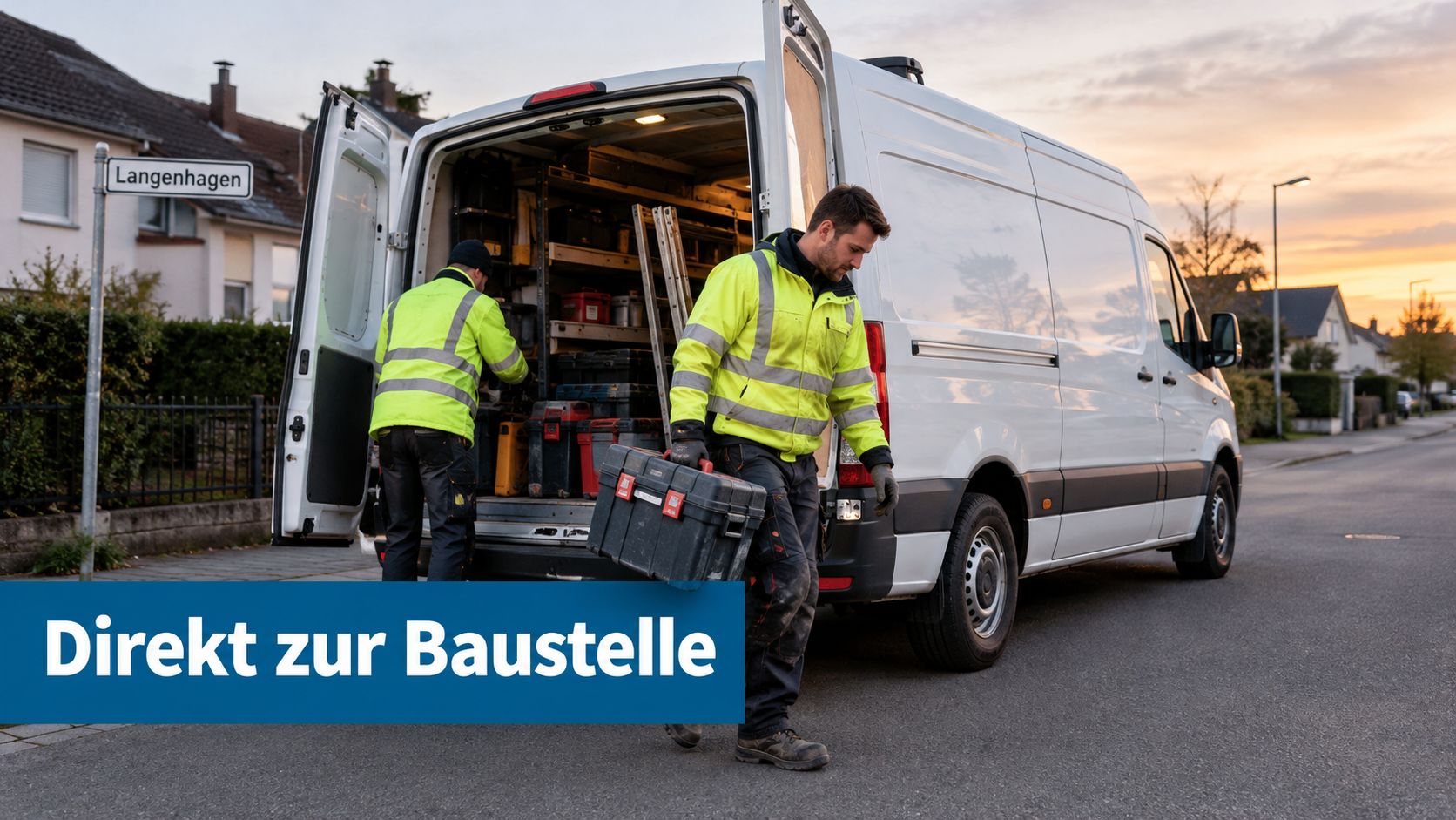 Zwei Handwerker in Warnkleidung laden Werkzeuge aus einem Transporter an einer Straße in Langenhagen aus.