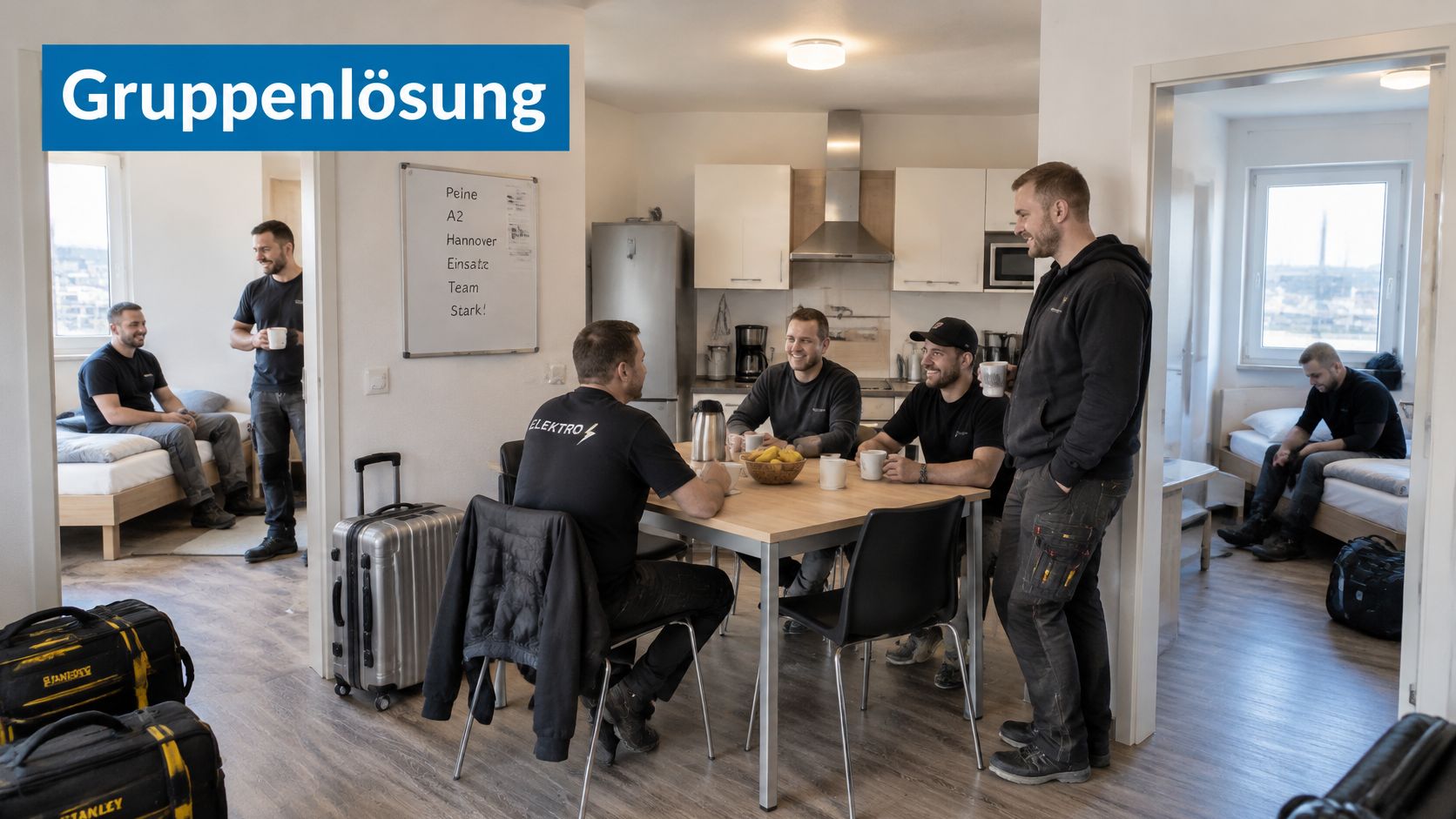 Eine Gruppe von Arbeitern sitzt gemeinsam in einer modernen Monteurwohnung mit integrierter Küche am Esstisch zusammen.