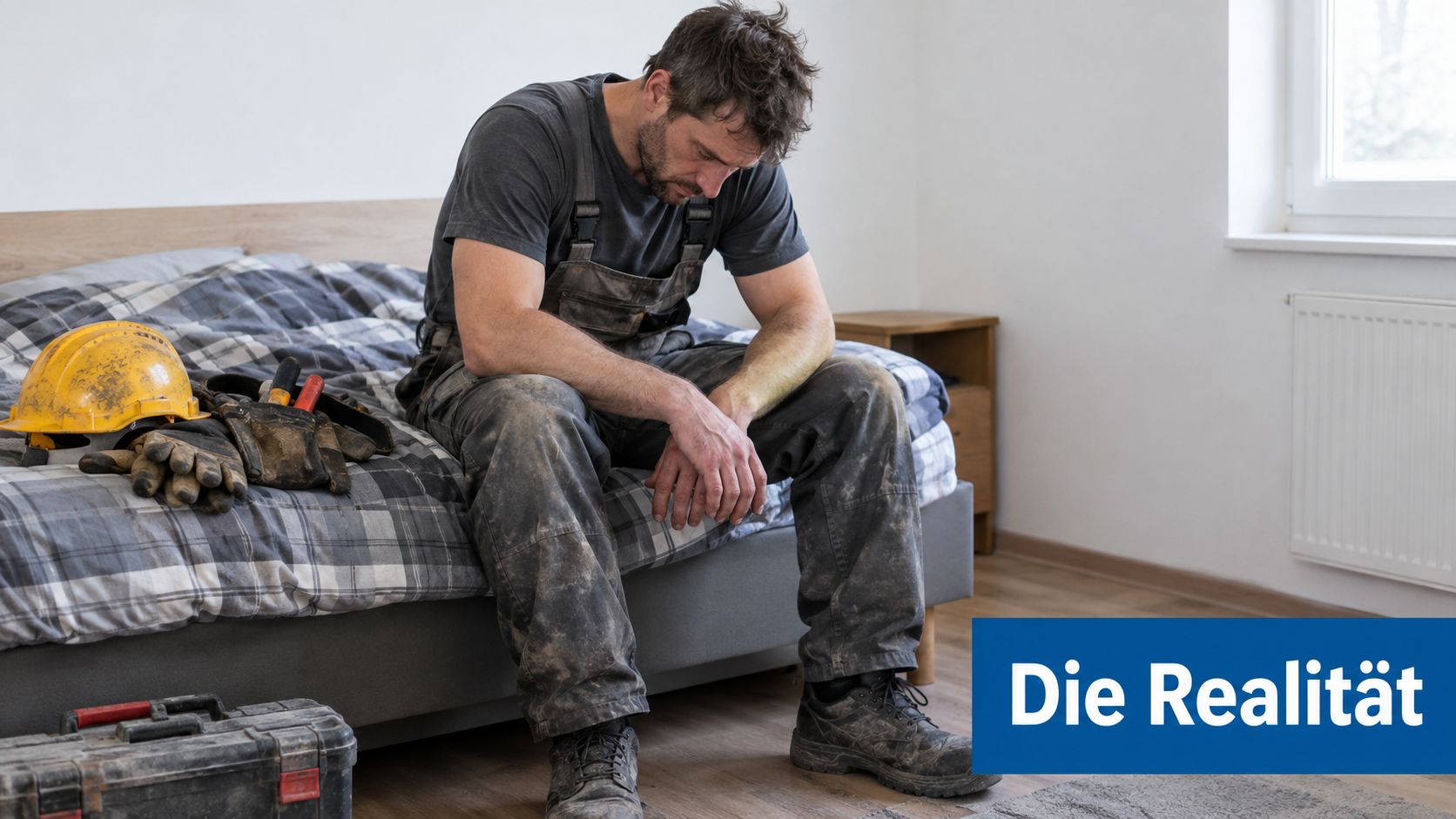 Ein erschöpfter Bauarbeiter sitzt nach einem langen Arbeitstag mit schmutziger Arbeitskleidung auf einem Bett in einem Zimmer.