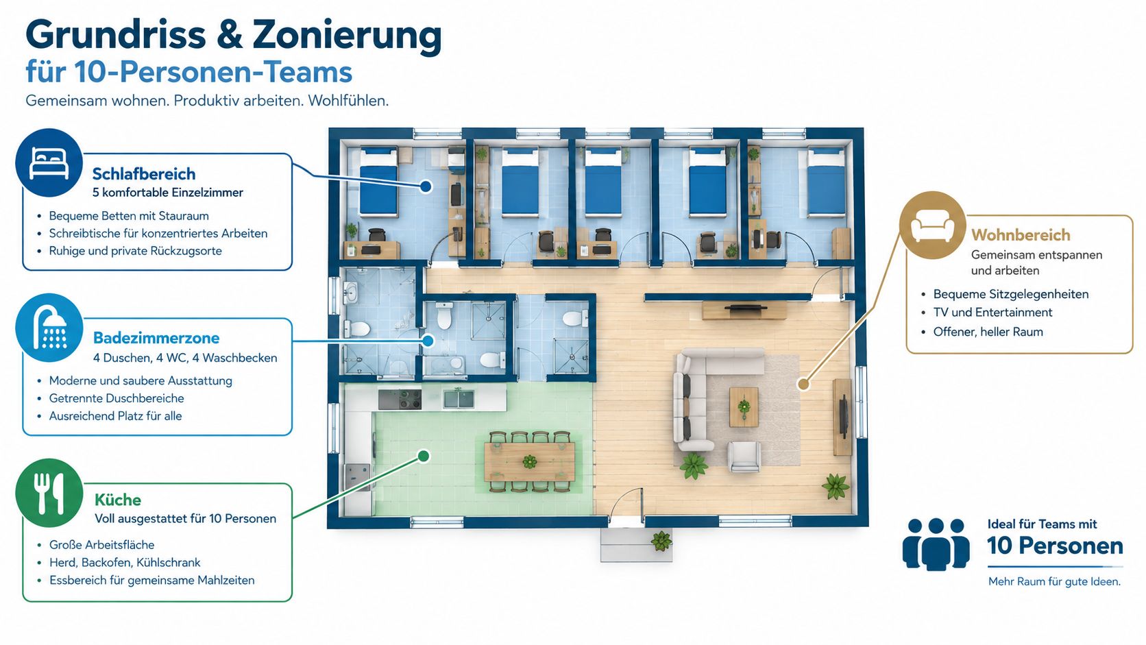Grundriss für eine 10-Personen-Wohngemeinschaft mit fünf Einzelzimmern, Gemeinschaftsbereich, Küche und Badezimmer für Monteure oder Teams.